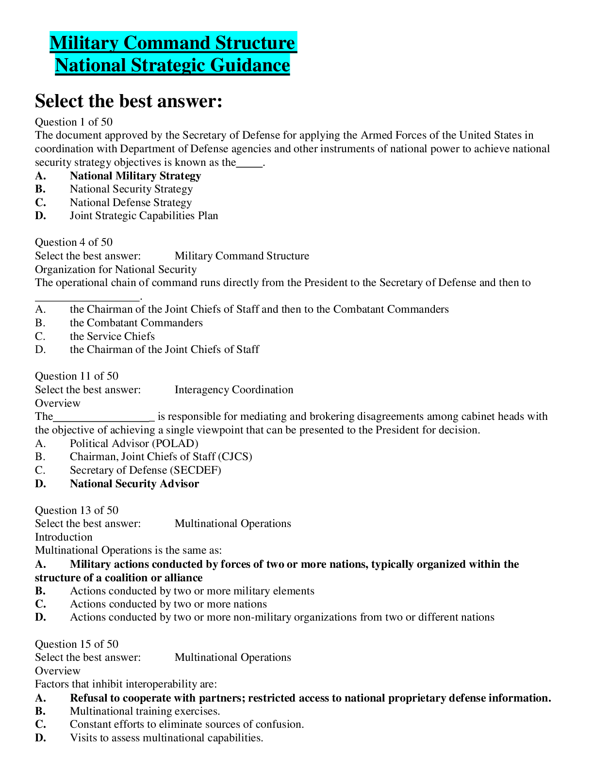 Preview image for SEJPME POST TEST SEARCHABLE MILLITARY COMMAND NATIONAL  STRATEGIC GUIDANCE EXAM COMPLETE TEST GUIDE.